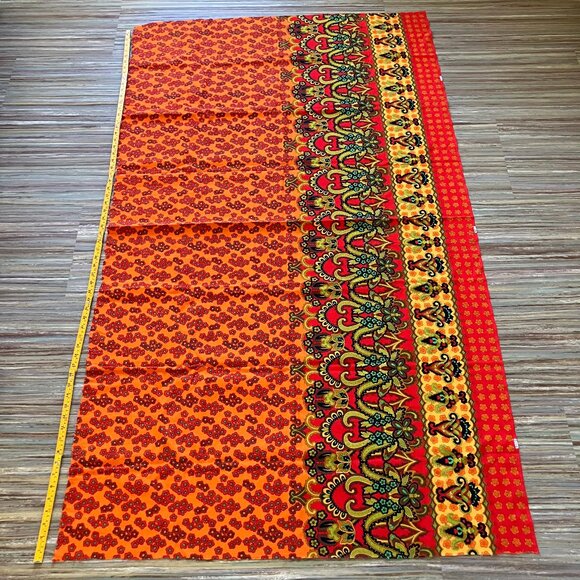 Flower Power Groovy Border Print Fabric Orange/Green Vintage Yardage 40x66" - Picture 3 of 8